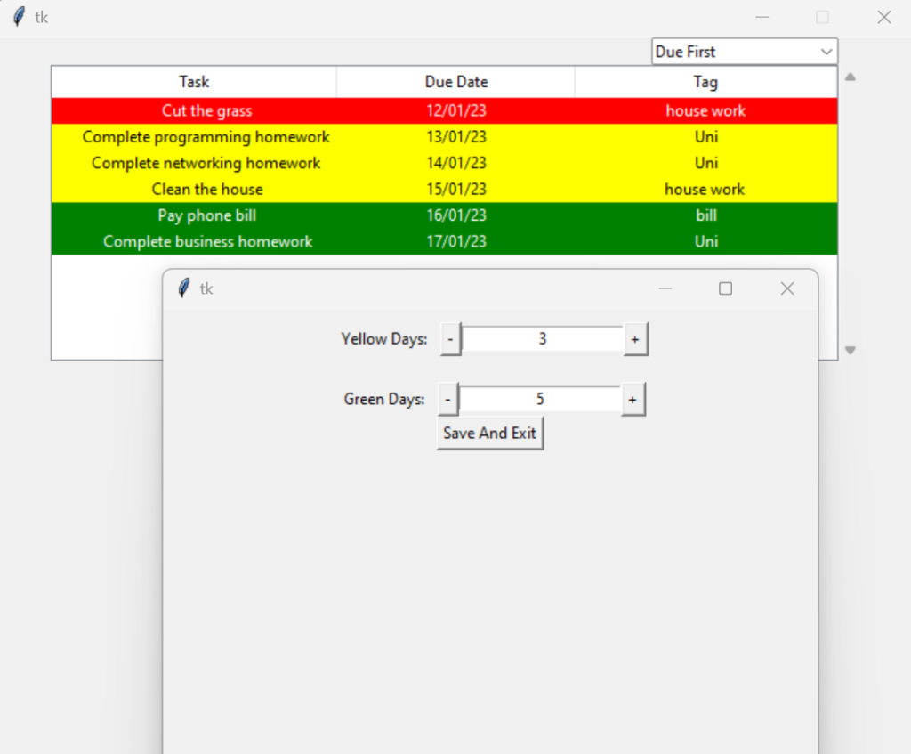 Screenshot of Simple Task Managers settings menu